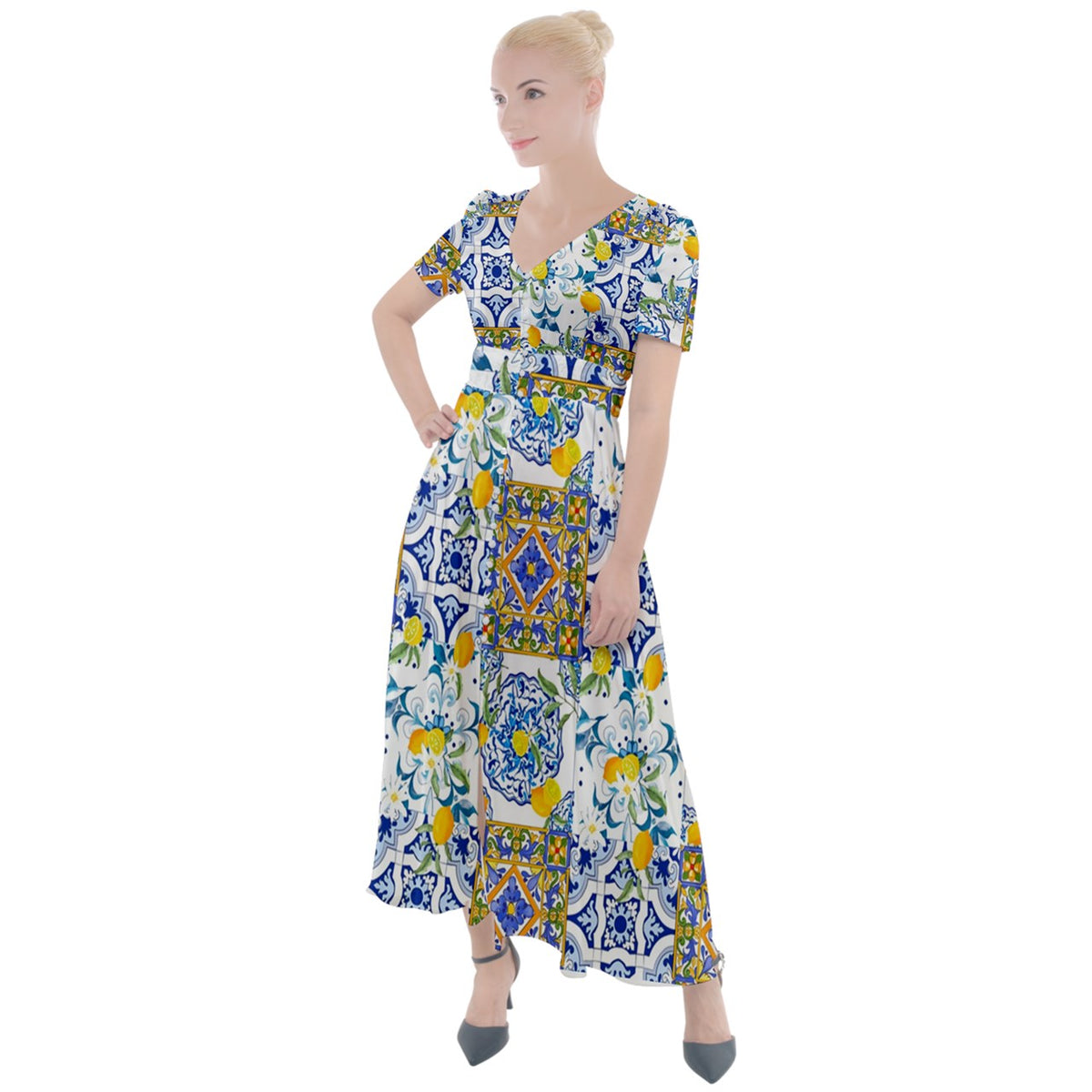 Sicilian style,summer,lemon,Button Up Short Sleeve Maxi Dress