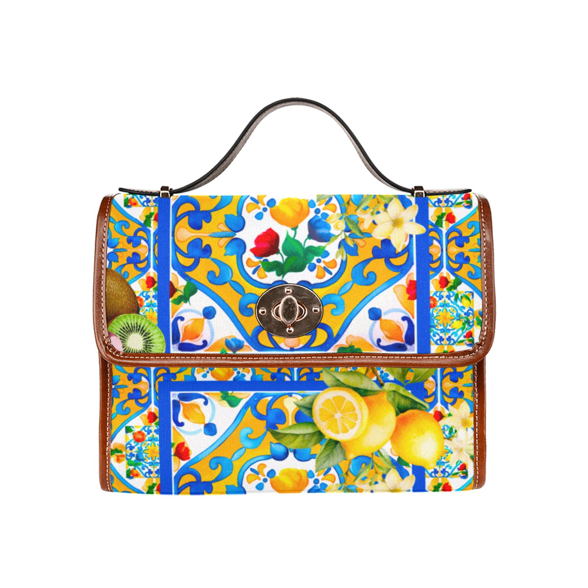 Italian tiles,lemon, summer,Waterproof Canvas Bag-Brown