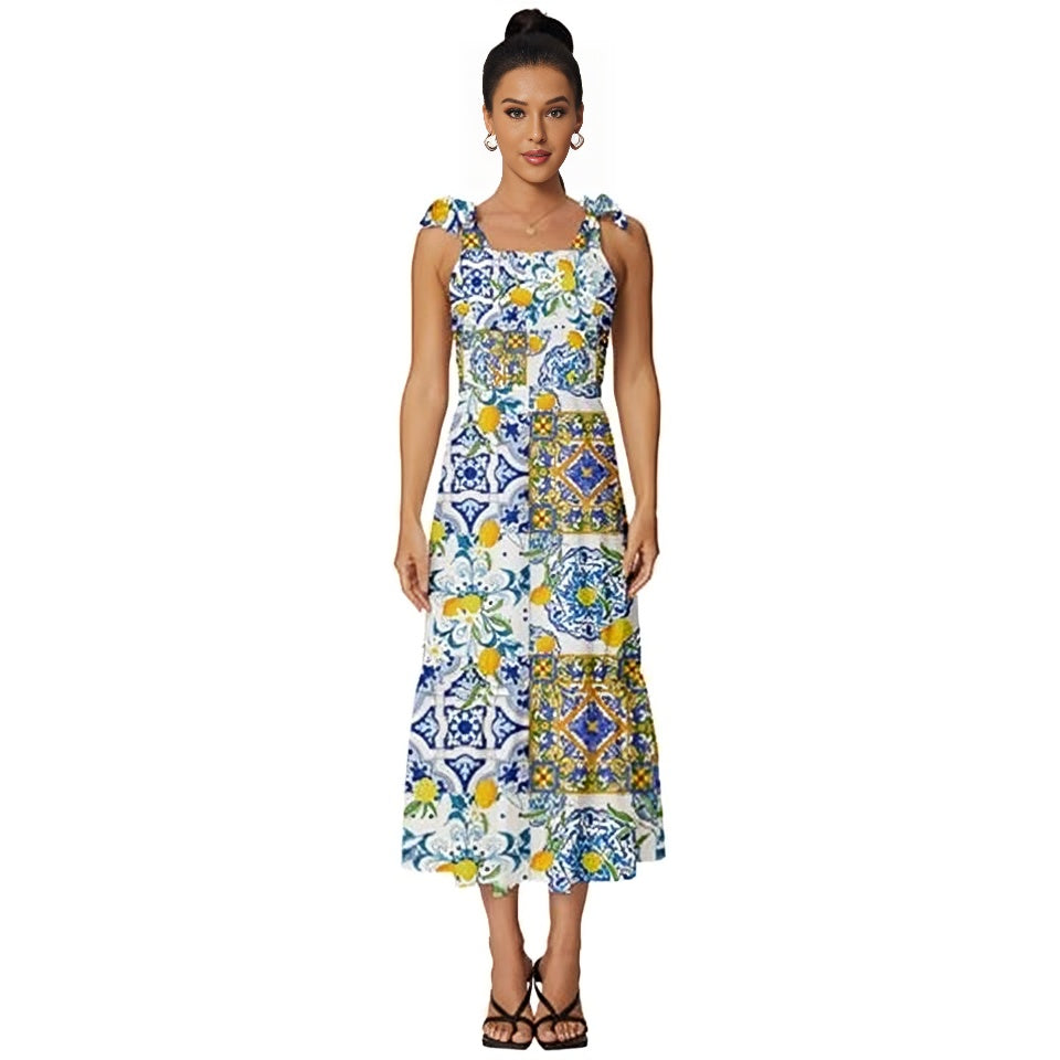 Sicilian style,lemon,summer,Mediterranean,Tie-Strap Tiered Midi Chiffon Dress