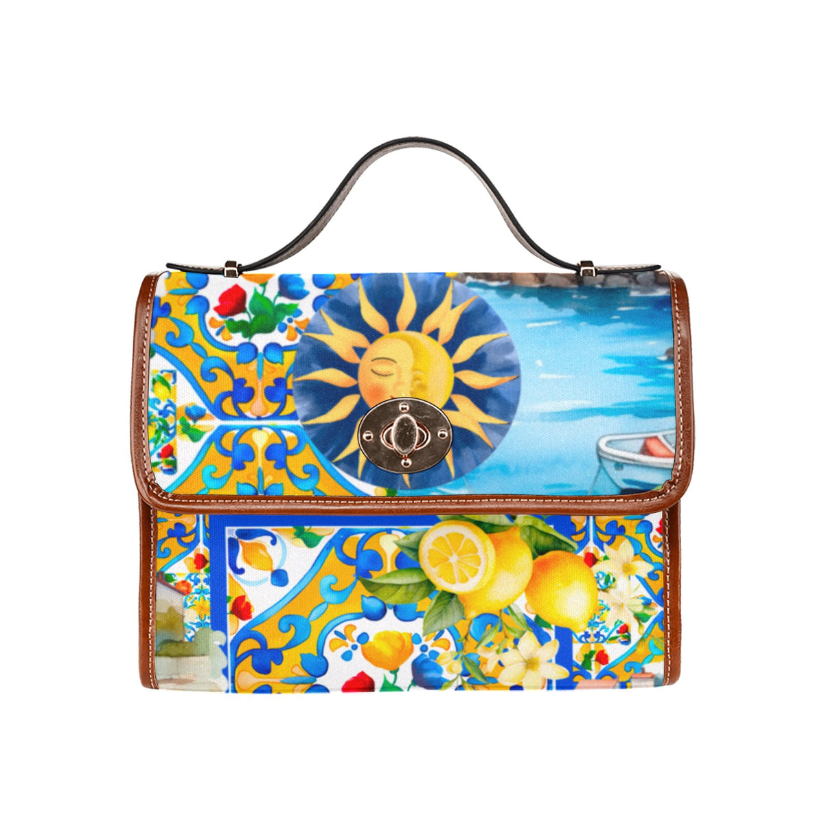 Sicilian tiles,lemon,summer,Waterproof Canvas Bag-Brown