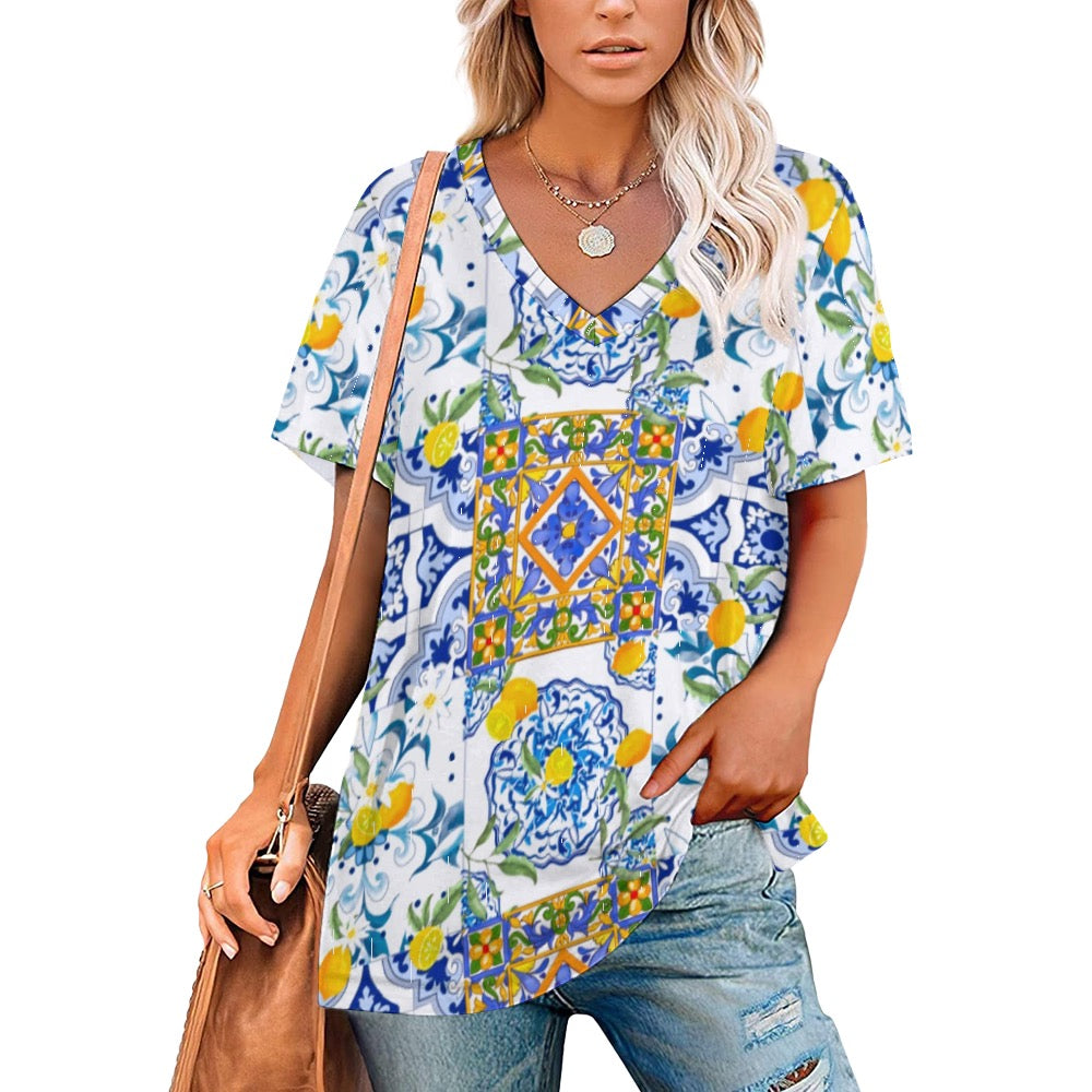 Sicilian style, lemon, majolica, Ladies V-Neck Loose Short Sleeve T-Shirt