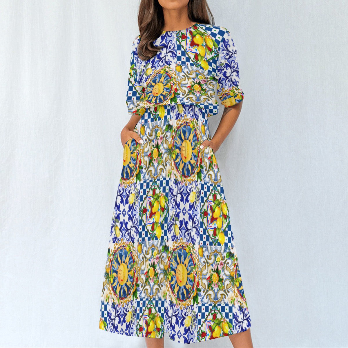 Sicilian sun,majolica,lemon,Mediterranean tiles All-Over Print Women's Elastic Waist Dress
