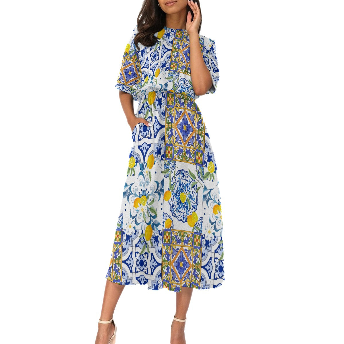 Summer, mediterranean, lemon, All-Over Print Women's Elastic Waist Dress