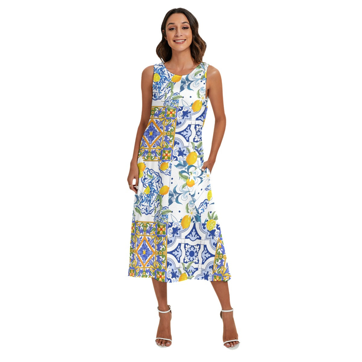 Sicilian lemon, summer, Mediterranean, All-Over Print Women's Sleeveless Dress With Diagonal Pocket