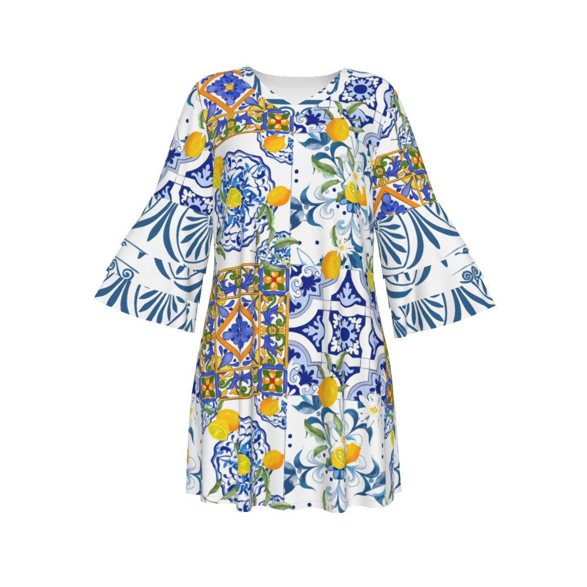 Summer, citrus, Mediterranean, All-Over Print Women's Stacked Ruffle Sleeve T-shirt Dress