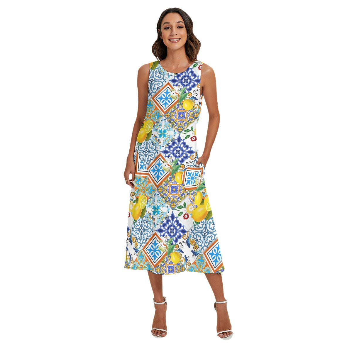 Portuguese tiles,azulejo,lemon,All-Over Print Women's Sleeveless Dress With Diagonal Pocket