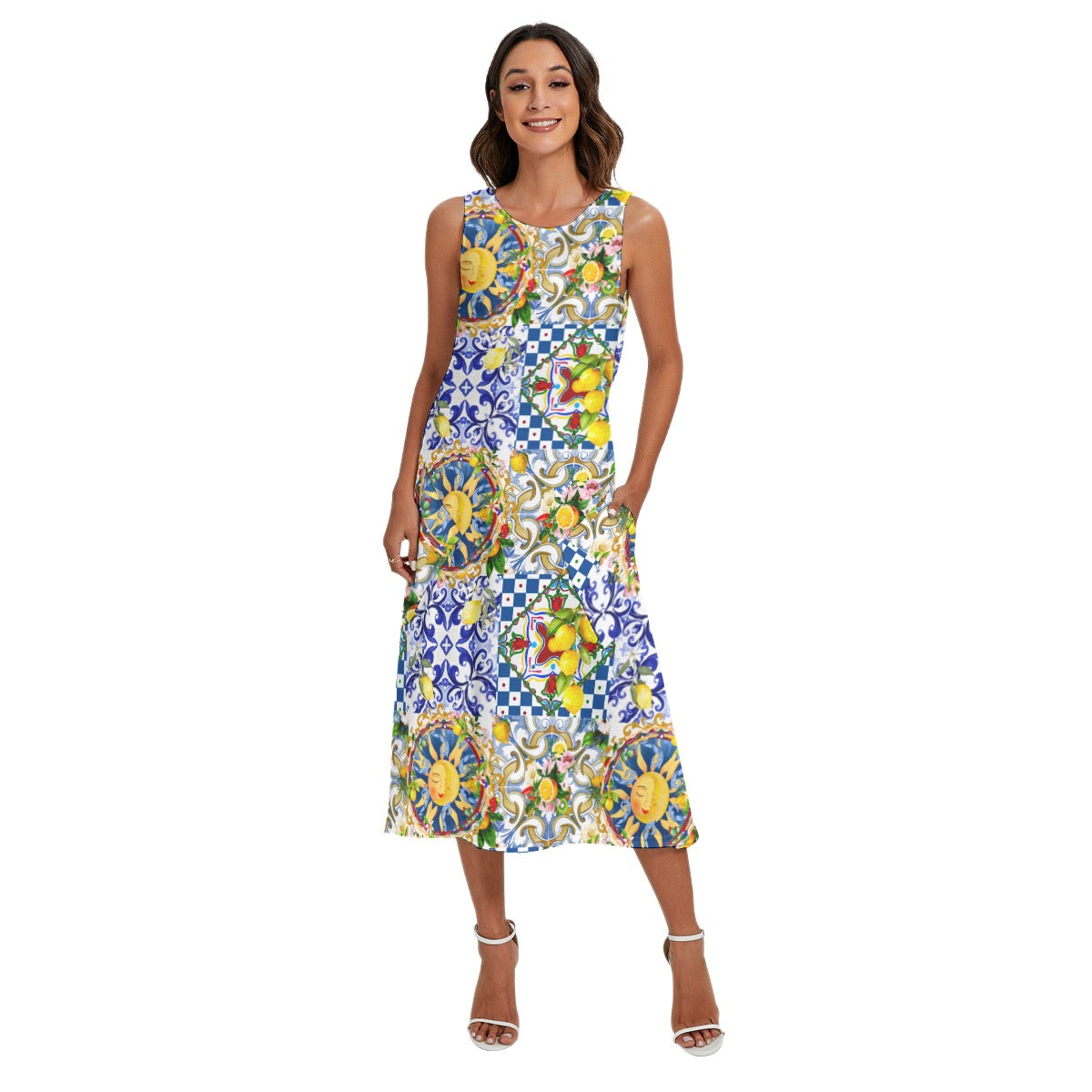 Sicilian sun,majolica,lemon,Mediterranea All-Over Print Women's Sleeveless Dress With Diagonal Pocket